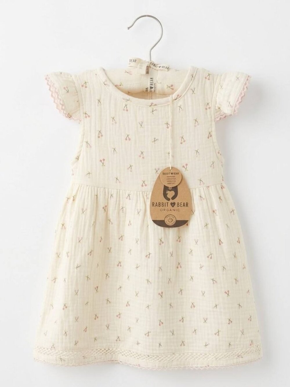 Rabbit + Bear Organic Girls 18M Muslin Dress Cream Cherry Print Lace Trim